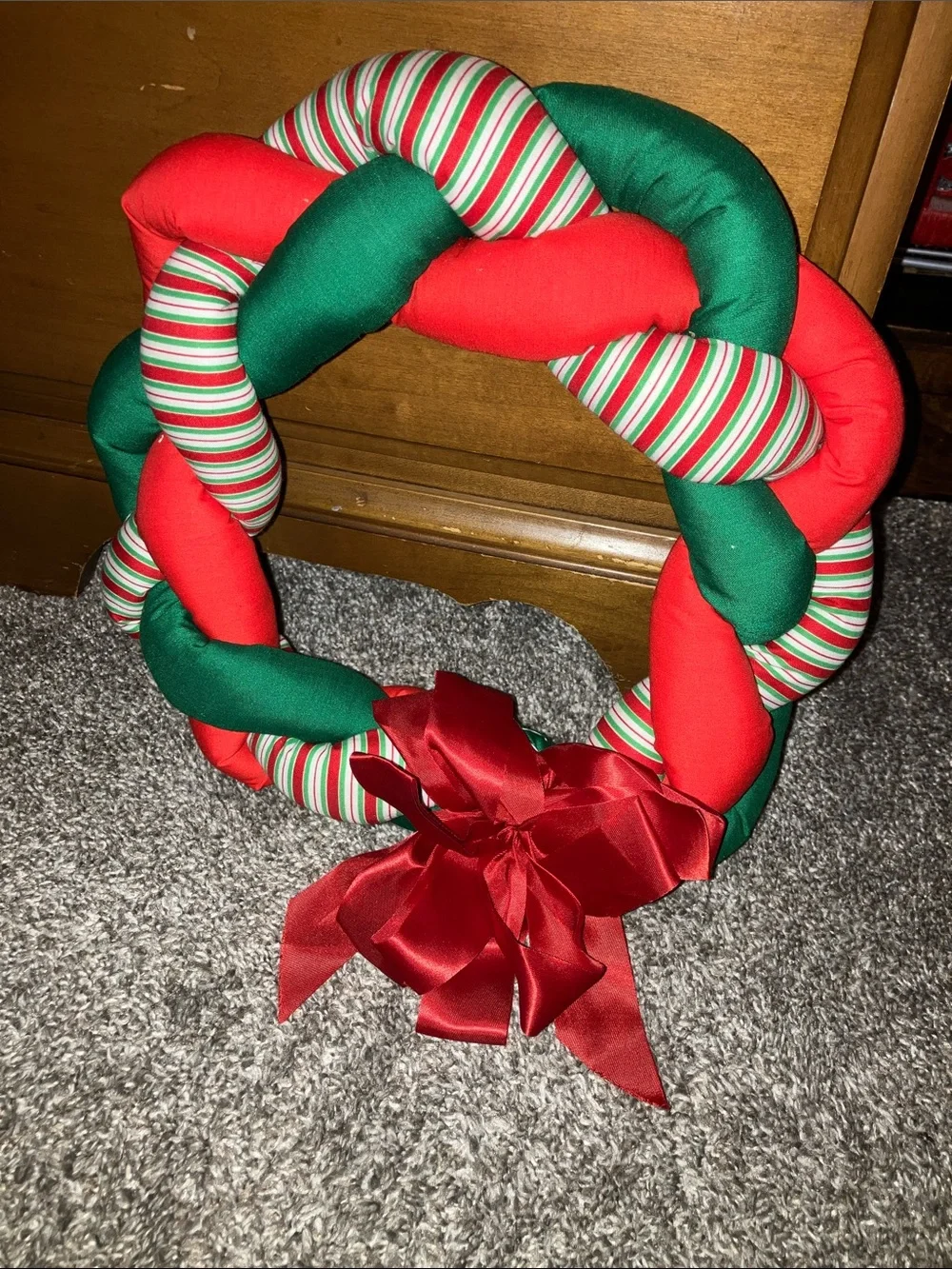 Handmade Holiday Braided Red & Green Wreath with Striped Accents 12”